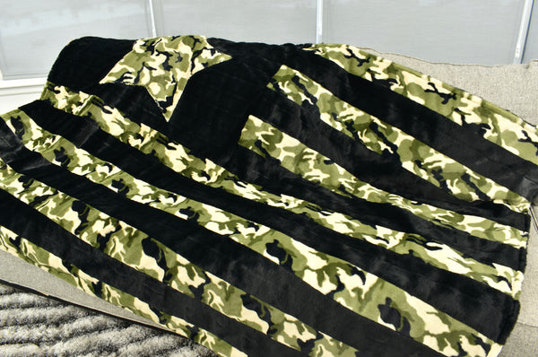 Sydney Black & Camo Green  - XL Flag Strip Minky Blanket