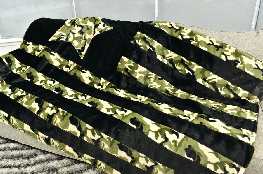 Sydney Black & Camo Green  - XL Flag Strip Minky Blanket