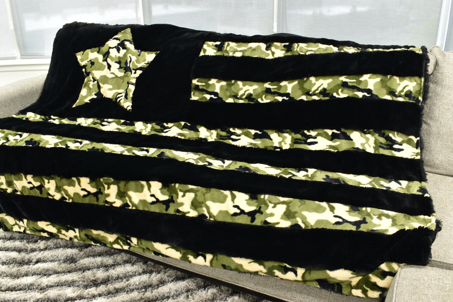 Bunny Black & Camo Green  - XL Flag Strip Minky Blanket