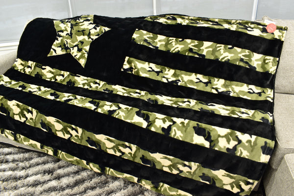 Marbella Black & Camo Green  - XL Flag Strip Minky Blanket