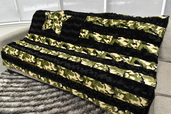 Black Glacier & Camo Green  - XL Flag Strip Minky Blanket