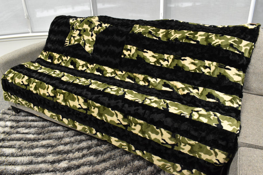 Black Glacier & Camo Green  - XL Flag Strip Minky Blanket