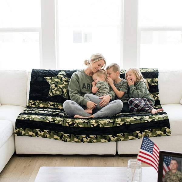Black Glacier & Camo Green  - XL Flag Strip Minky Blanket