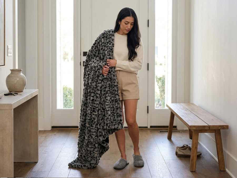 Milan Clouded Leopard Silver Minky Blanket