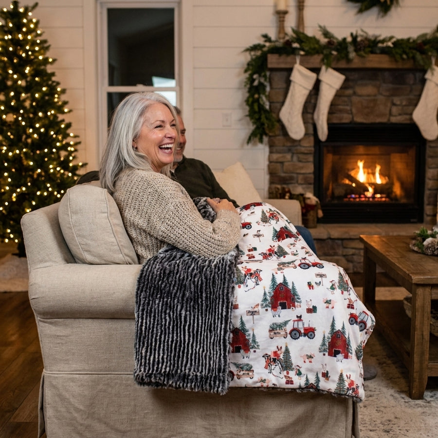Jolly Tree Farm / Arctic Owl Black Holiday Minky Blanket
