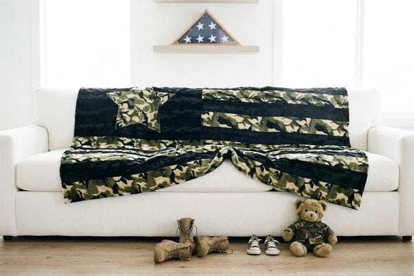 Black Willow & Camo Green Backing  - XL Flag Strip Minky Blanket